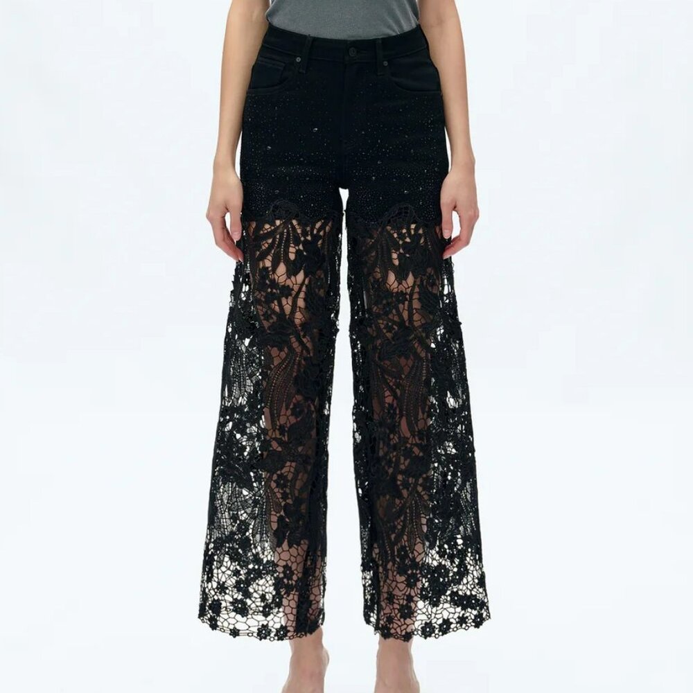 NWT Bayeas Lesley Black High Rise Lace Wide Leg Jeans with Rhinestones - Picture 4 of 12